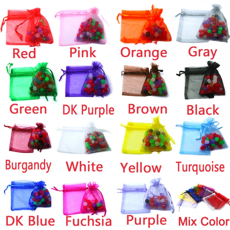 7-23cm Mix Size 16colors 10pcs/lot Small Organza Bags Favor Wedding Christmas Gift Bag Jewelry Packaging Bags & Pouches