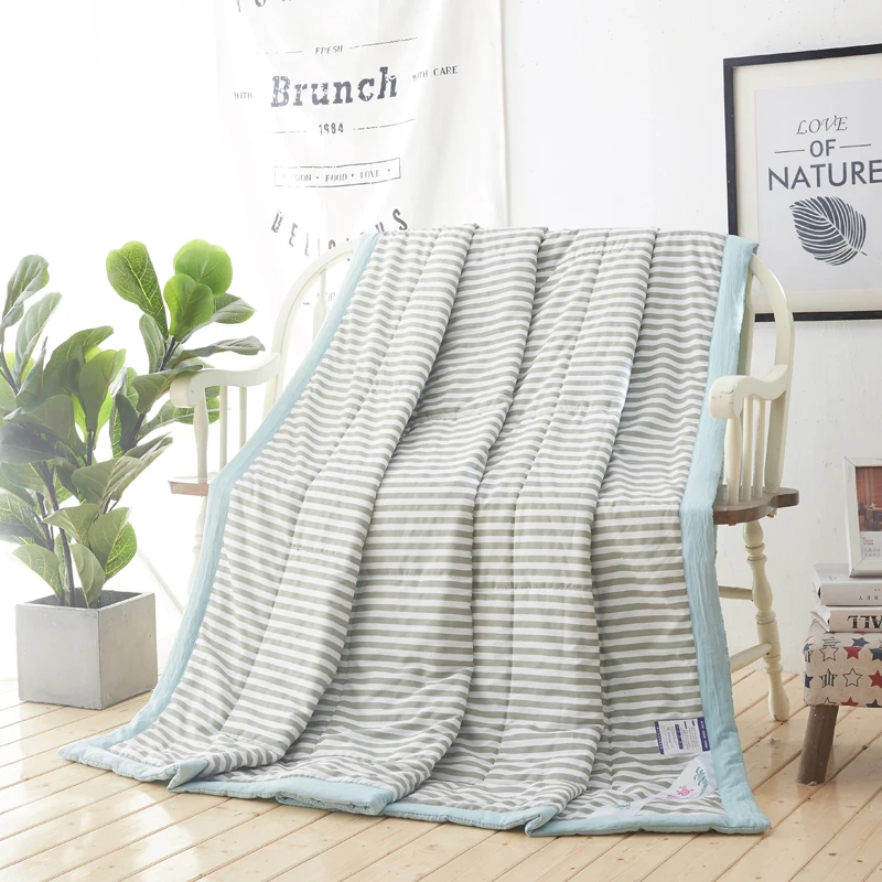 &iexcl;S&uacute;per c&oacute;modo! Edred&oacute;n fino y fresco de algod&oacute;n para el hogar, ropa de cama con rayas verdes de calidad, aire acondicionado de verano, Duvets49-0