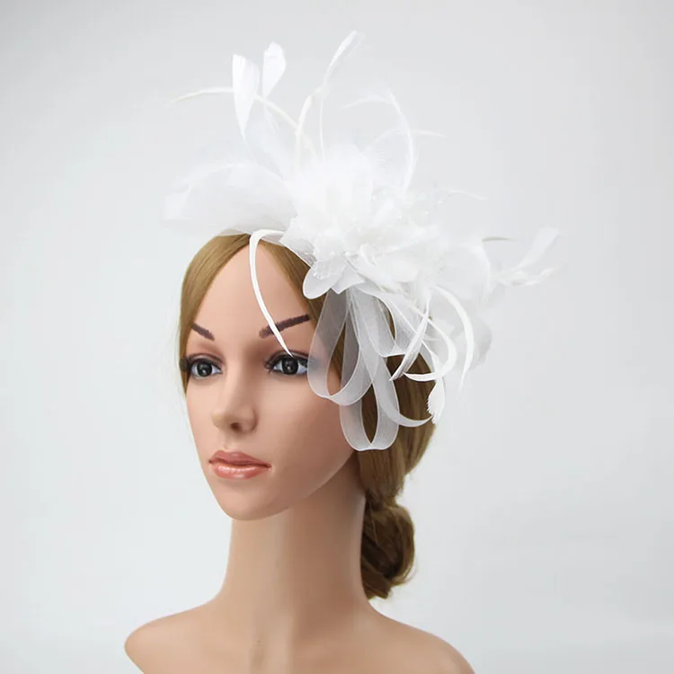 white Шляпа Свадебная королевские шляпы цветок Pamelas Y Sombreros Para Bodas перья шляпка для церкви Зажимная лента шляпа для банкета Свадебная Тиара - Цвет: white