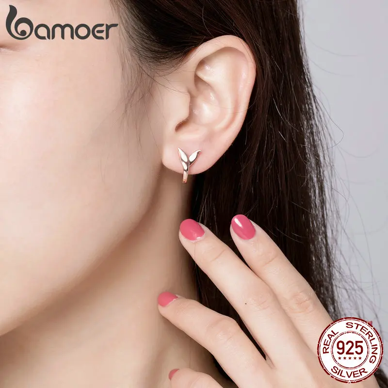 BAMOER Earrings Silver 925 Women Rose Gold Plated Dolphin Tail Small Hoops Earing Sterling Party Jewelry GAE078 | Украшения и