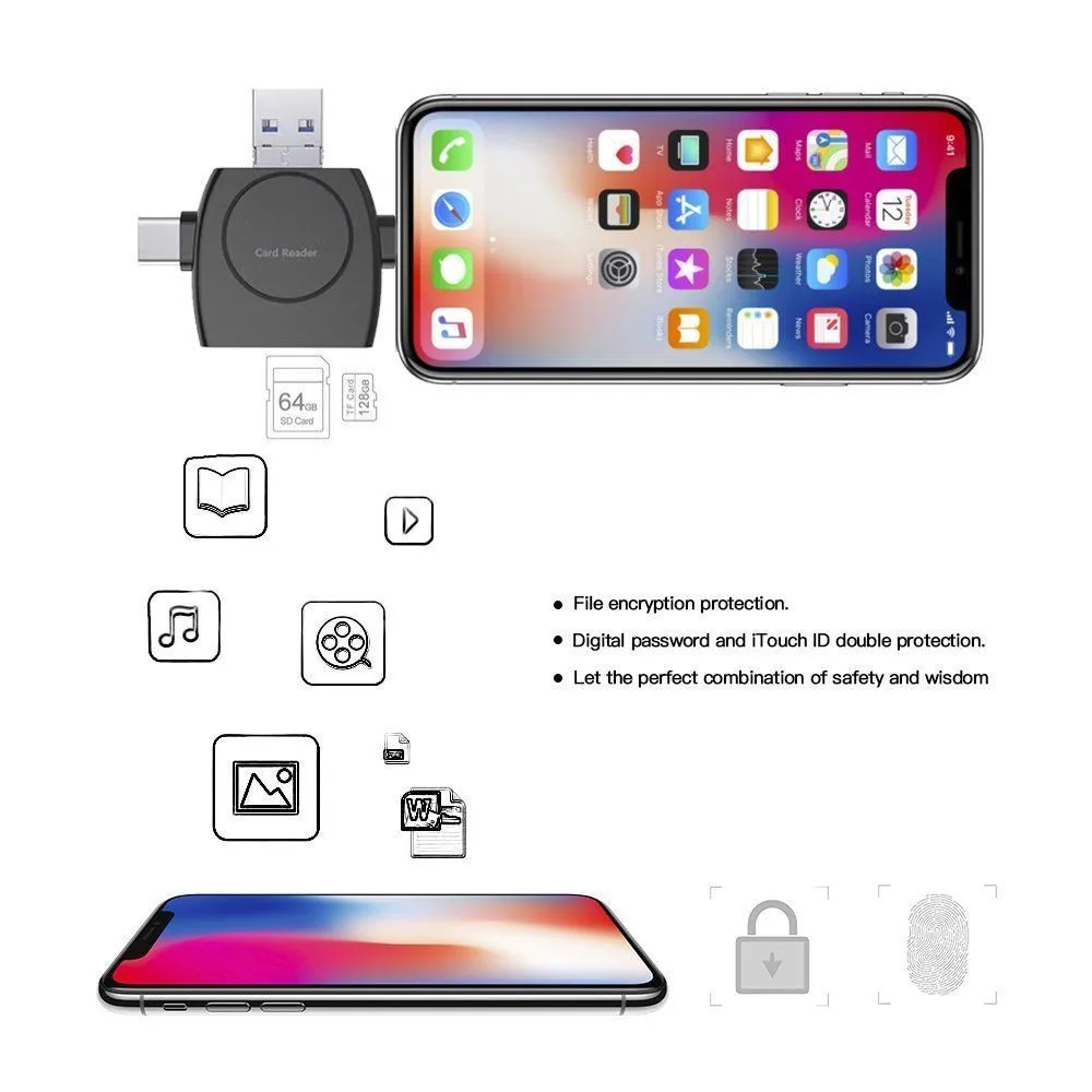 4 в 1 TF/MicroSD карты высокого Скорость OTG картридер Micro Тип usb C для телефона Android и iPhone