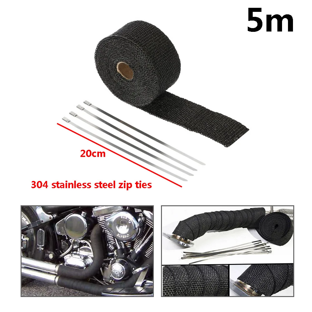 High Quality 5cm*5M 10M 15M Titanium/Black Exhaust Heat Wrap Roll for Motorcycle Fiberglass Heat Shield Tape with Stainless Ties