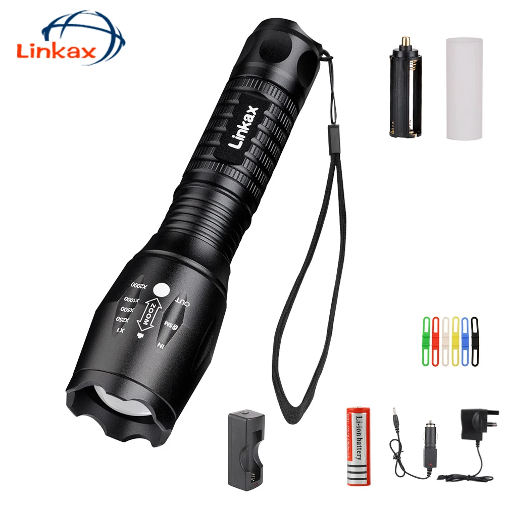 Linkax XML T6 светодиодный фонарик 18650 светильник 5 режимов регулируемый