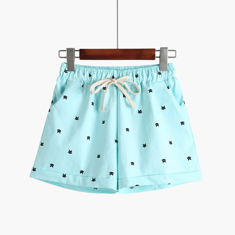 Skyblue DANJEANER летние женские домашние повседневные хлопковые шорты с эластичной резинкой на талии шорты с принтом кота для самообработки шорты ярких цветов - Цвет: Skyblue