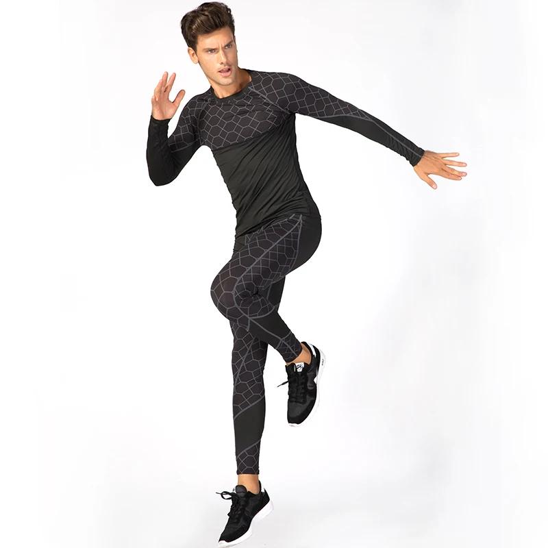 2018 New Arrival 2PCS Men Compression Running Sets Tracksuit Men's Grid Quick Dry Gym Fitness Sport Shirts And Pants Sportswear | Спорт и