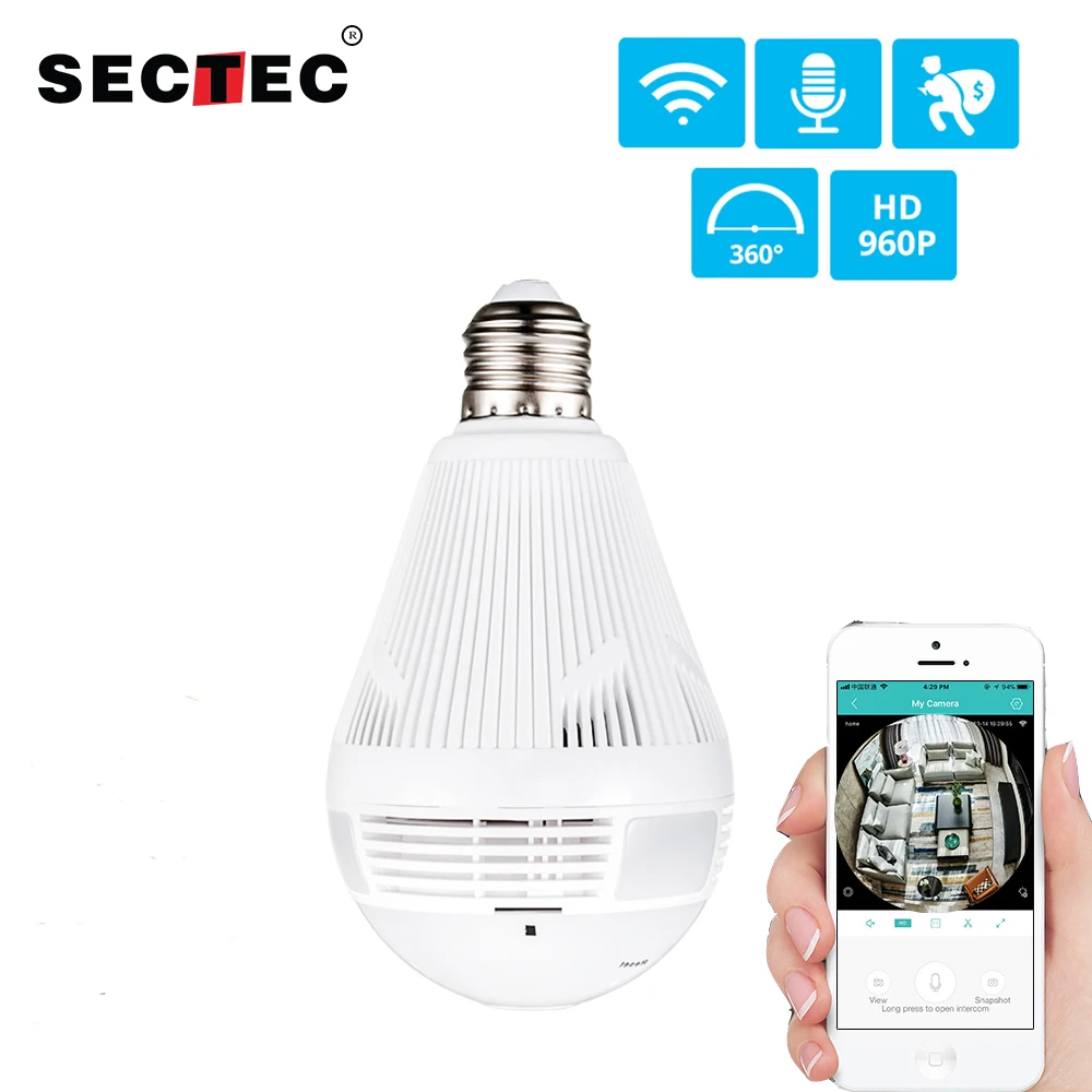 

SECTEC LED Light 960P Wireless Panoramic Home Security WiFi CCTV Fisheye Bulb Lamp IP Camera 360 Degree Home Security Burglar