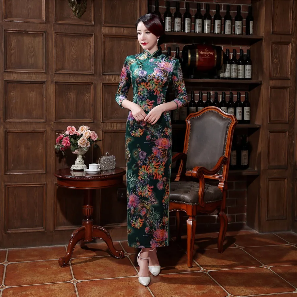 

Китайское традиционное бархатное платье Шанхайской история, длинное винтажное платье Ципао в китайском стиле с рукавом 3/4, платье в восточн...