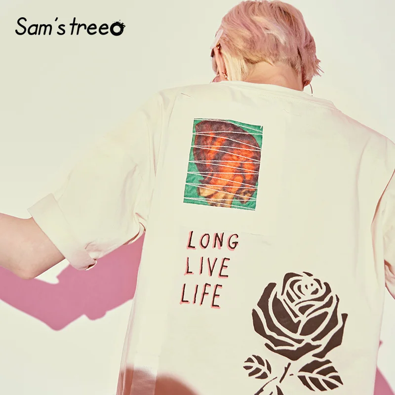Samstree Vintage Floral& Letter Print Women T-shirts Fashion Casual Oversize Female Tee Tops Summer Streetwear T-shirt
