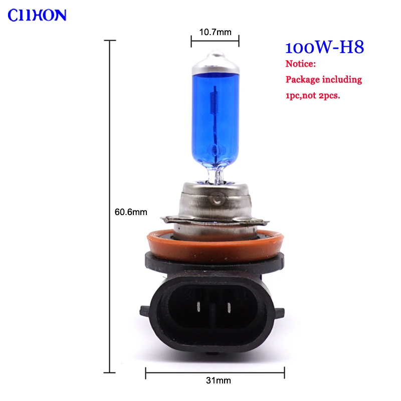1pc-100W-H8 Ciihon белый галогенные лампы H1 H3 H4 HB2 H7 H8 H11 9005 HB3 9006 9012 H15 55 Вт 100 Вт кварцевое стекло Автомобильные светодиодные лампы фар - Испускаемый цвет: 1pc-100W-H8