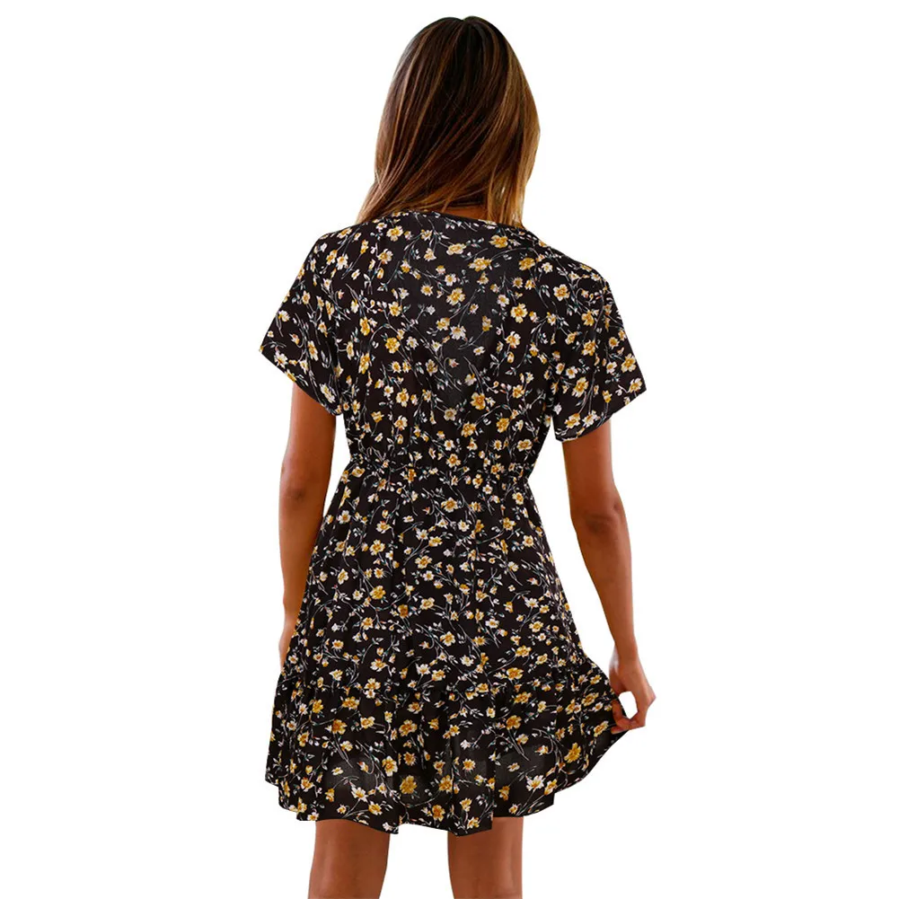 2019 женские платья в стиле бохо с цветочным принтом и коротким рукавом v образным