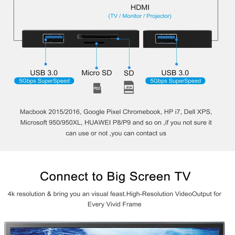 Suntrsi Тип usb C концентратор HDMI 4 k USB-C адаптер для MacBook 2-Порты и разъёмы USB 3,0 черный 7 в 1 TF/SD кард-ридер