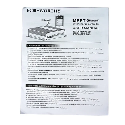 ECOworthy 20A/40A MPPT контроллер солнечного зарядного устройства с функцией Bluetooth солнечные панели система батарея ЖК-дисплей монитор 12 В/24 В