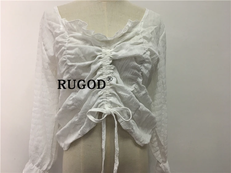 RUGOD шифоновые элегантные однотонные женские блузки с расклешенными рукавами и v-образным вырезом средней длины, плиссированные тонкие винтажные женские блузки в Корейском стиле modis femme blusas mujer