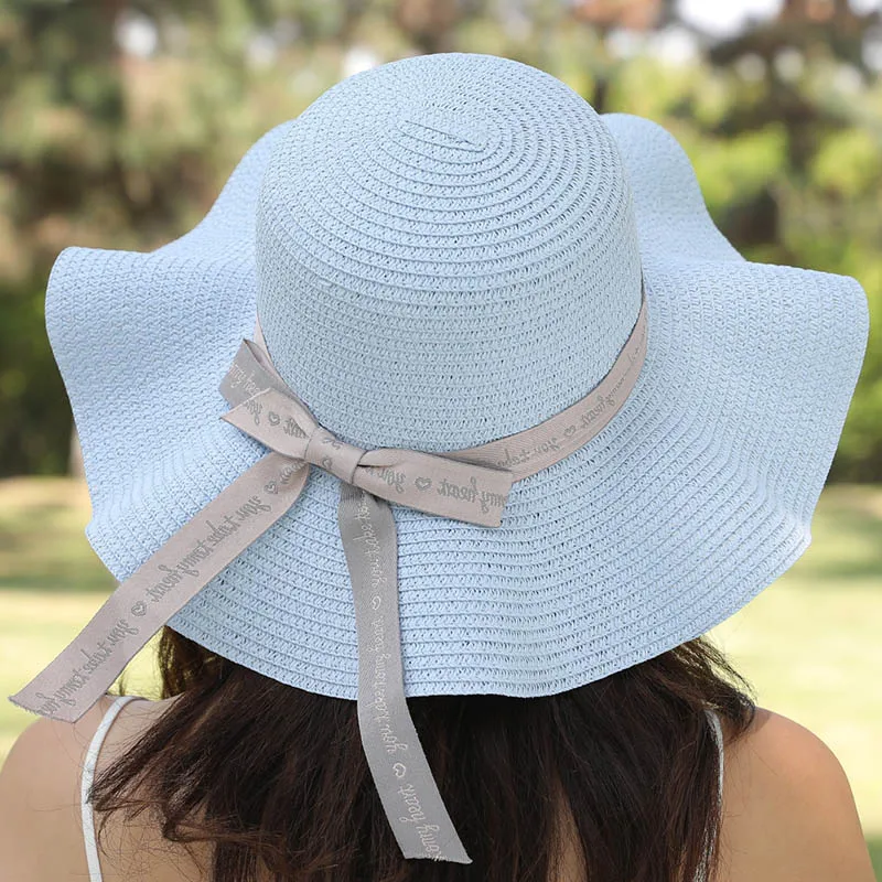 Letter Ribbon Bow Big Wave Women Summer Straw Hat Sun Visor Hats Casual Adult Sky Blue Ladies Caps Beach Cap | Аксессуары для