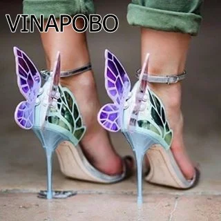 Vinapobo/цветные кожаные сандалии с металлической вышивкой; туфли-лодочки с крыльями ангела; обувь для вечеринки; свадебные туфли; туфли на высоком каблуке с ремешком на щиколотке и бабочкой - Цвет: as the picture