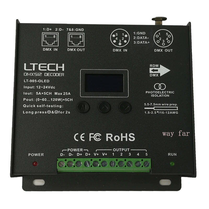 Светодиодный контроллер dmx декодера; DC12-24V вход; 5A* 5CH выход RGB/RGBW Led контроллер XLR-3/RJ45 8/16 бит 256/65536 серый уровень