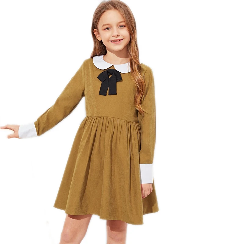 SHEIN Kids/коричневое платье для девочек с контрастным воротником и бантом спереди; консервативное платье; детская одежда; коллекция года; весенние повседневные платья для девочек с длинными рукавами на молнии