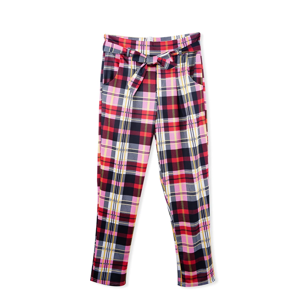 Женские длинные брюки с поясом офисные брюки-карандаш в клетку высокой талией