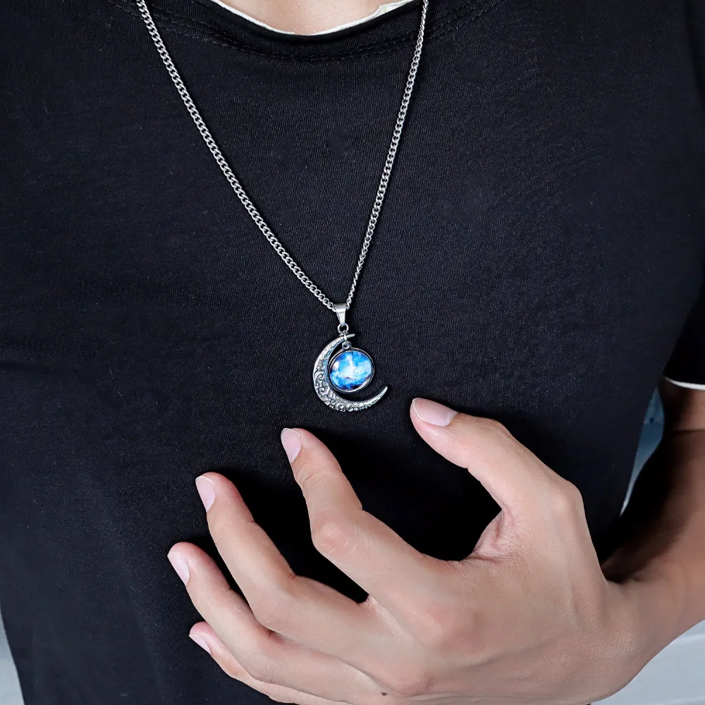 2018 мужское ожерелье со звездой и луной винтажный синий кулон с лунным камнем для