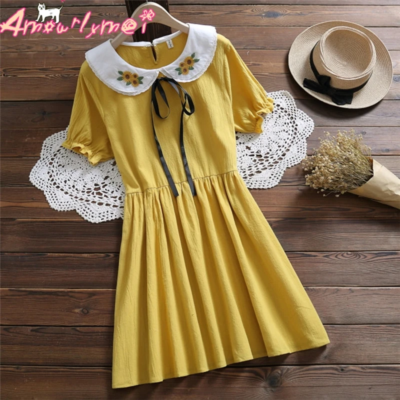 Женское Хлопковое платье с цветочной вышивкой желтое или розовое Повседневное в