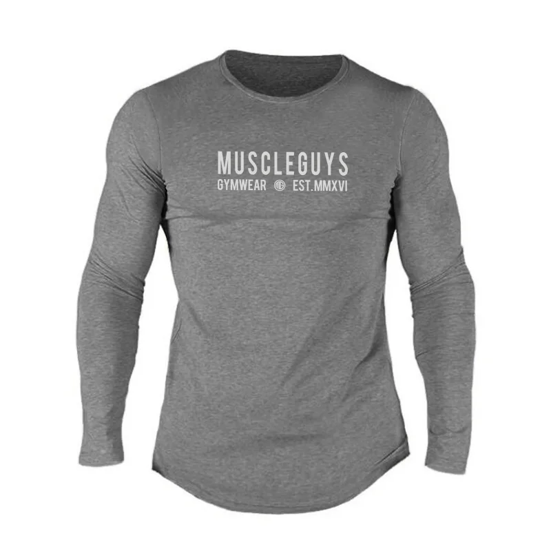 Бренд Muscleguys, модная мужская одежда из эластичного хлопка с длинным рукавом, облегающая футболка, Мужская футболка для тренажерного зала, повседневная облегающая футболка - Цвет: Темно-серый