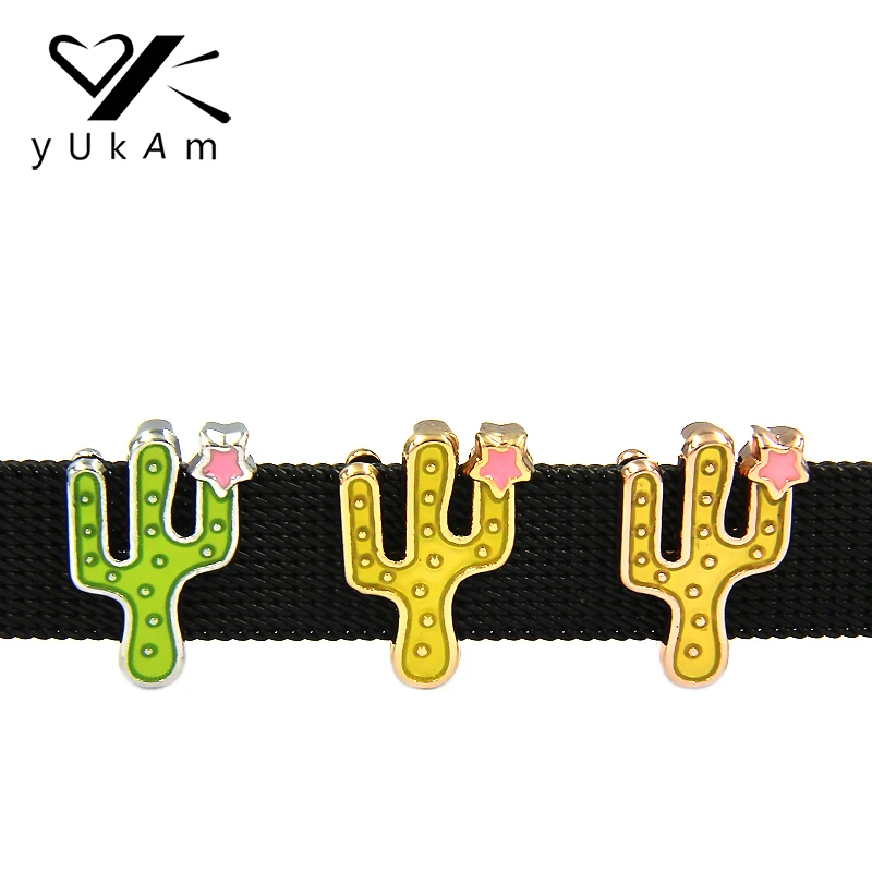 YUKAM Jewelry Enamel Prickly Pear Cactus Plants Cacti Succulent Slide Charms Keeper for Leather Wrap Mesh Bracelet | Украшения и