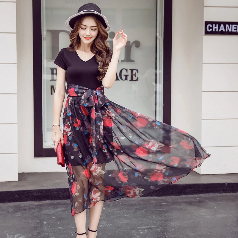 2018 summer new Korean short sleeved V collar slim Fashion Print Dress Chiffon dress female | Женская одежда