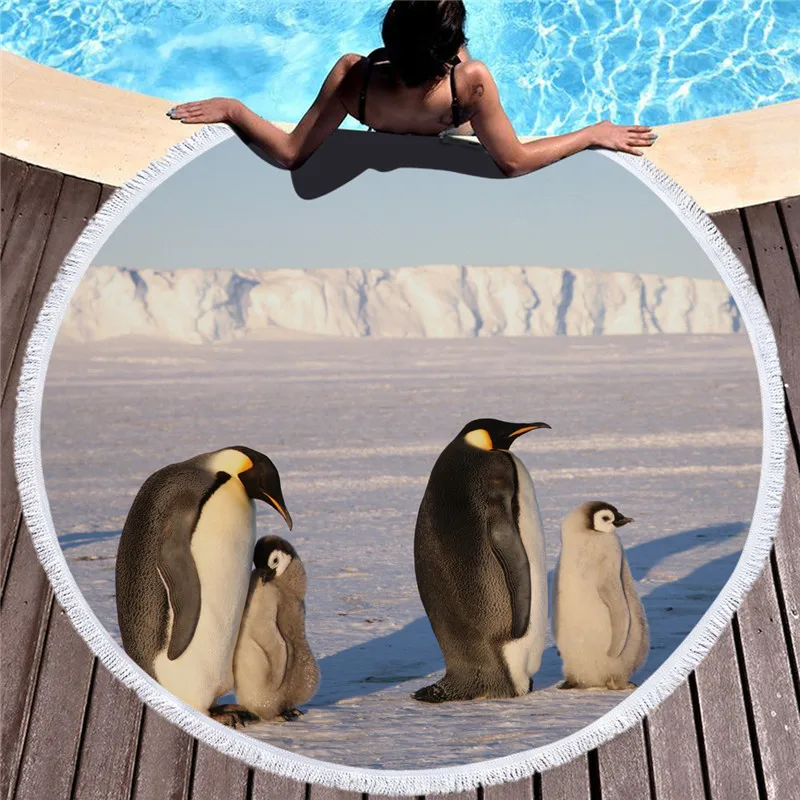 

Penguin Animals Round Beach Towel For Adult Colorful Print Soft Microfiber Shower Bath Towel Travel Blanket Swimming Cover
