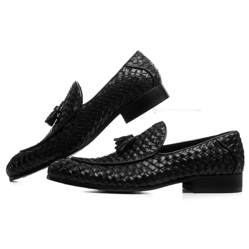 Breathable Brown Tan / Black Woven Design Loafers Summer Mens Wedding Groom Shoes Genuine Leather Male Dress With Tassel | Обувь