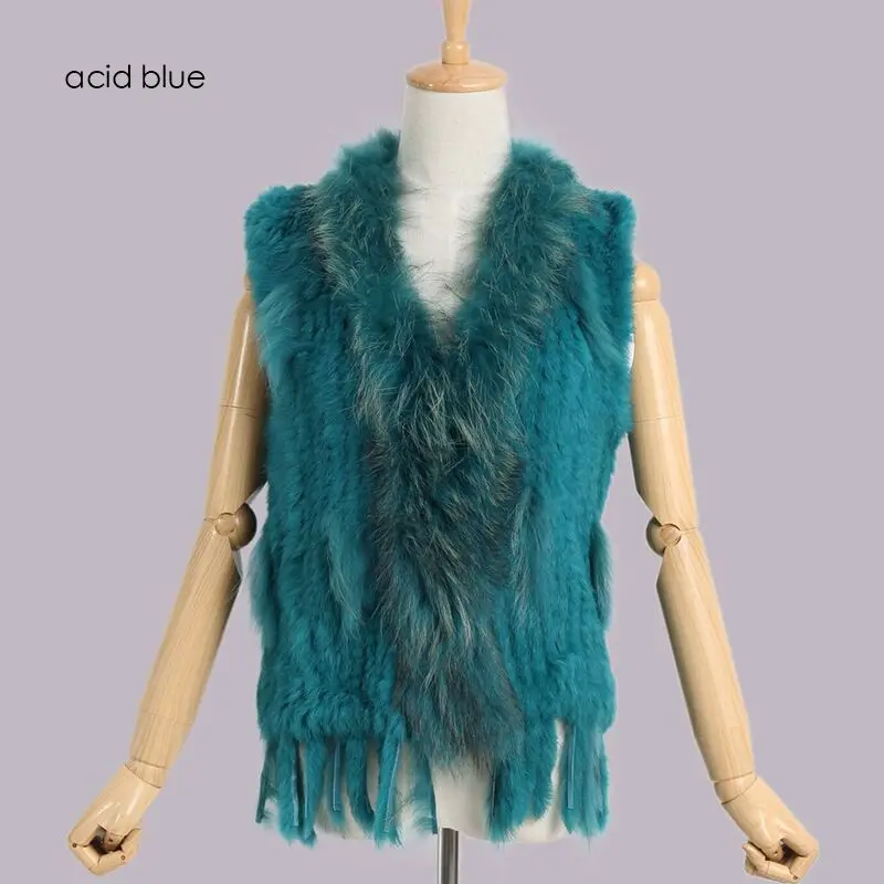 acid blue Новые цвета, женский жилет из натурального кроличьего меха, пальто с кисточками и воротником из меха енота,, Прямая поставка VR032 - Цвет: acid blue