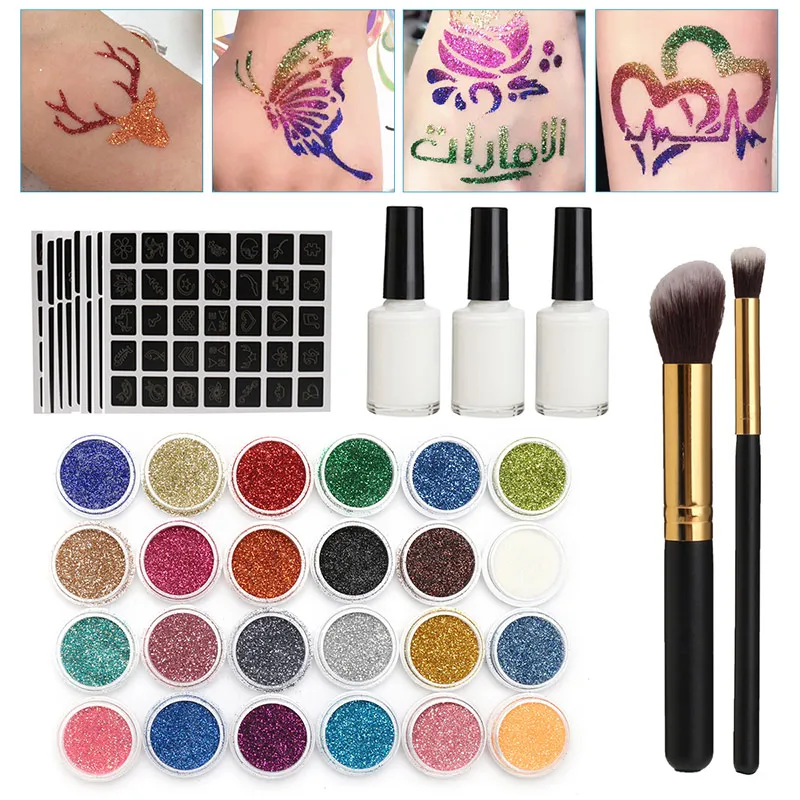 Блестки для боди-арта набор тату 118 трафаретов с рисунком порошок Кисть Клей