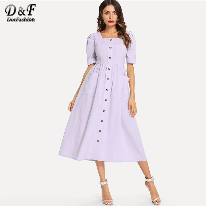 Dotfashion/платье с пышными рукавами и карманами на пуговицах, женская одежда, повседневное летнее платье-рубашка с квадратным вырезом и высокой талией