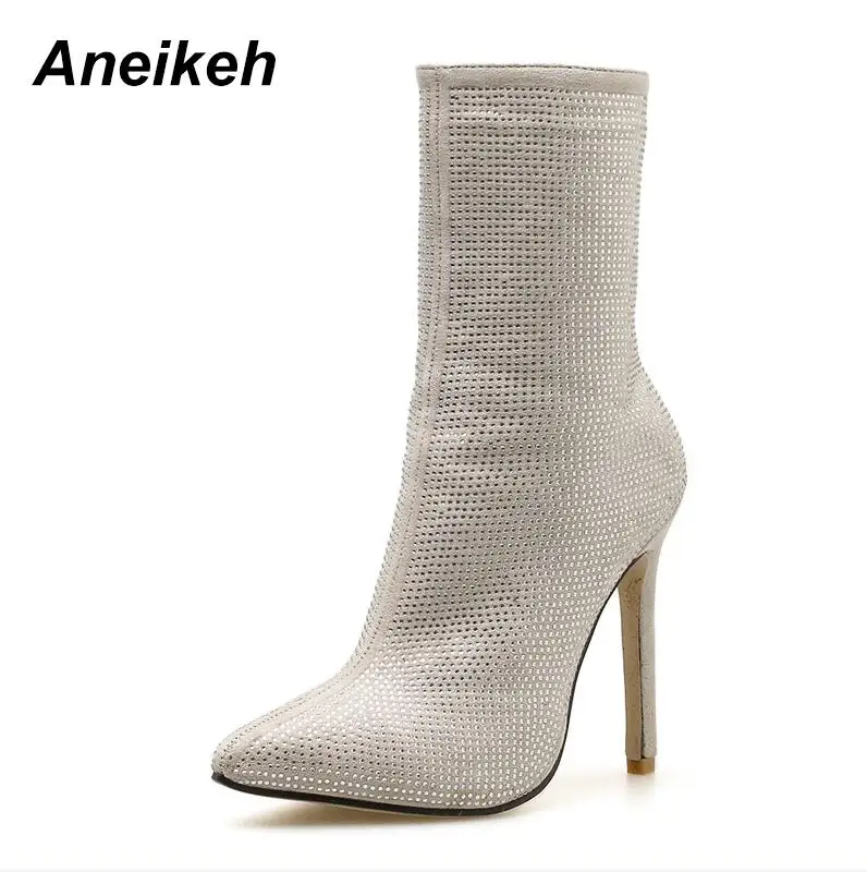 silver Aneikeh; сезон осень; обувь с блестками; высококачественные женские ботильоны; стразы; острый носок; тонкий каблук; ботинки «Челси»; Размеры 35-40 - Цвет: silver