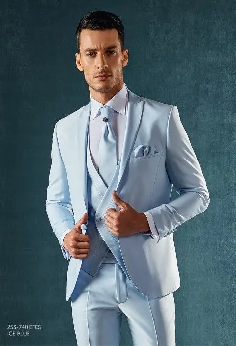 

2017 Latest Coat Pant Designs Light Blue Satin Men Suit Double Breasted Slim Fit 3 Piece Tuxedo Custom Groom Prom Suits Vestidos