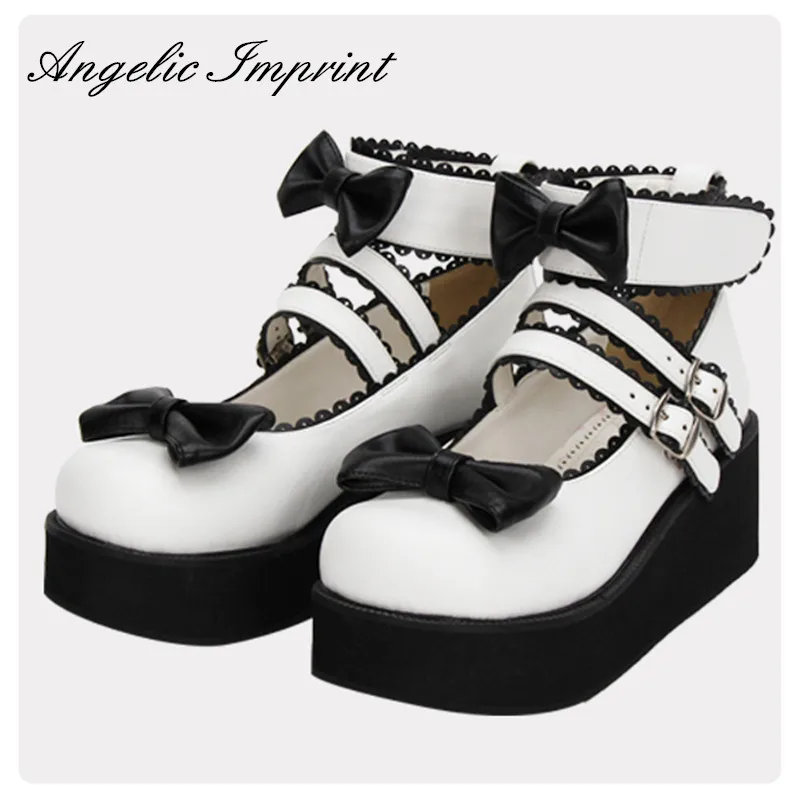 

Japanese Black and White Bowtie Gothic Lolita Shoes Comfortable Round Toe Wedge Platform Shoes
