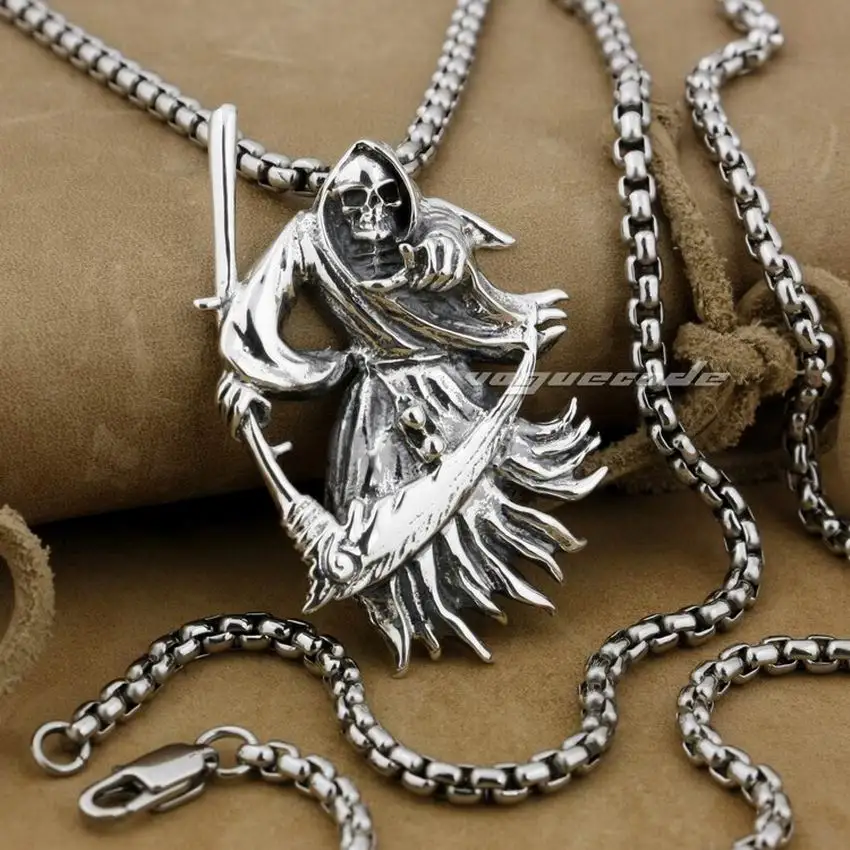 LINSION 925 Sterling Silver Large Grim Reaper Scythe Death Mens Biker Rock Punk Pendant 9H012