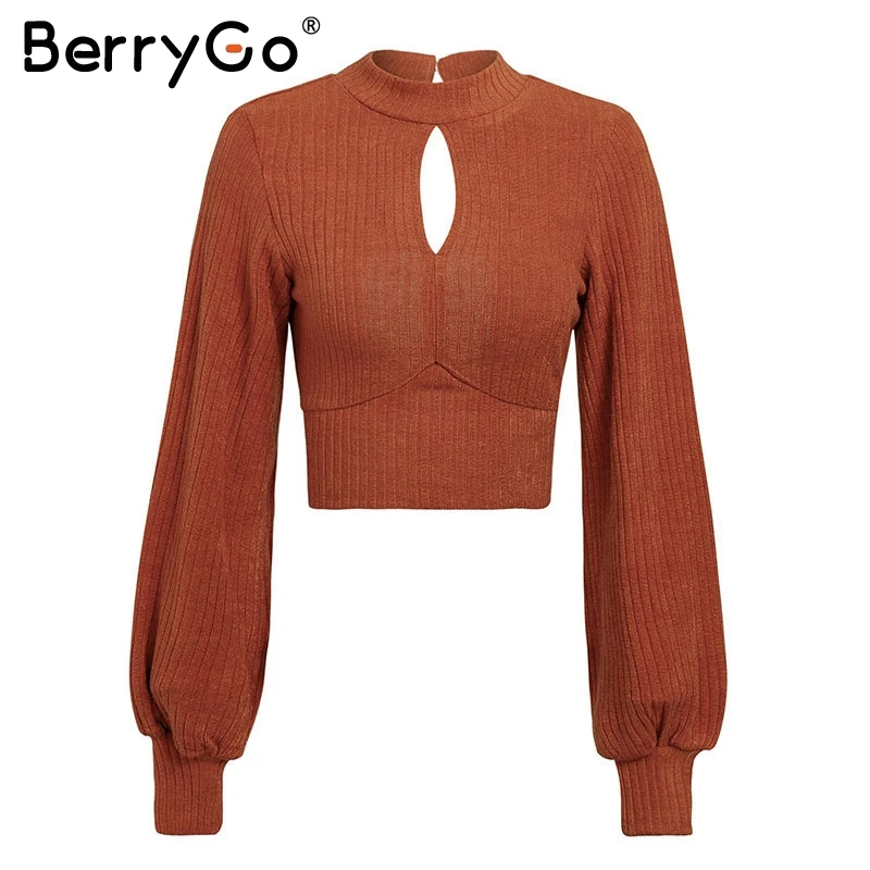 Orange BerryGo, открытая спина, трикотажная блузка, рубашка, женский укороченный топ, рукав-фонарик, Сексуальная Блузка с галстуком-бабочкой, короткая,, зимняя уличная одежда, сексуальные топы - Color: Orange
