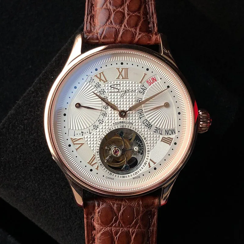 Rose Brown Leather Роскошные часы ST8004 Tourbillon, мужские часы из крокодиловой кожи с календарем, дисплеем недели, мужские механические часы с ручным заводом, водонепроницаемые часы 5ATM - Цвет: Rose Brown Leather