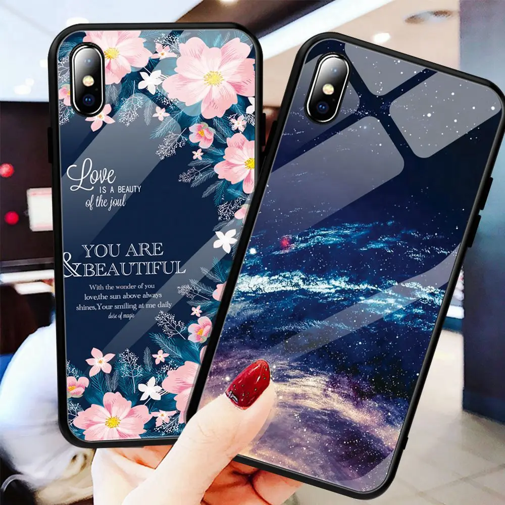 Tempered Glass Phone Case For iPhone 7 8 XR XS MAX Star Space Cover 6 6s Plus X Luxury Silicone Coque |