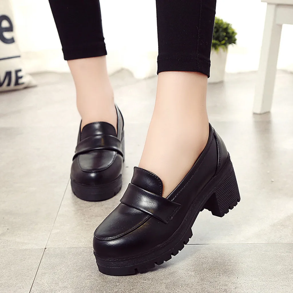 Женские туфли лодочки на платформе повседневные кожаные квадратном каблуке без
