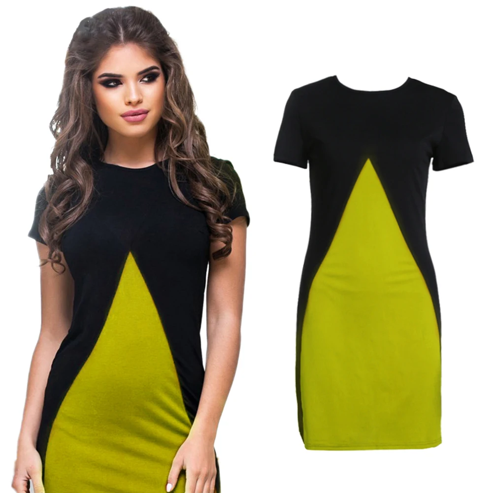 2018 Summer New Fashion Women Dress Short Sleeve Round Neck Patchwork Chic Contrast Color Female Sheath (Yellow) | Женская одежда