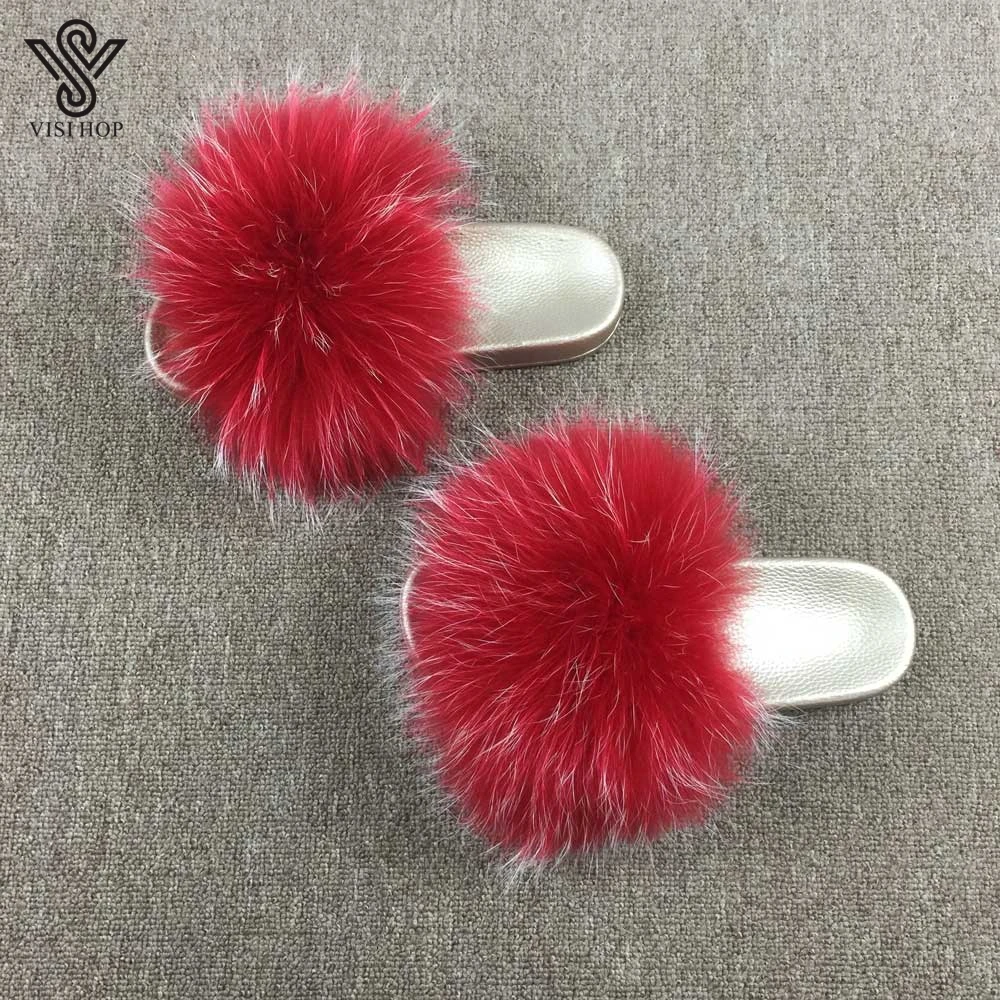 Женские шлепанцы из натурального меха енота золотистые сандалии с ПВХ Подошвой