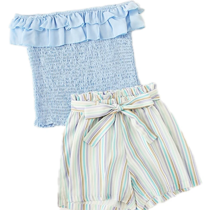 SHEIN Kiddie/футболка с оборками на плечах и шорты в полоску с поясом, комплекты года, летний праздничный пляжный костюм в стиле бохо
