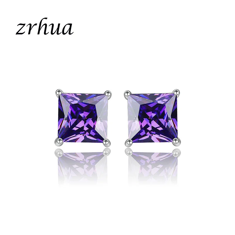 ZRHUA 925 пробы серебряные высококачественные серьги-гвоздики ювелирные изделия женские аксессуары квадратные винтажные шикарные кубические цирконы 4 когти 8 цветов