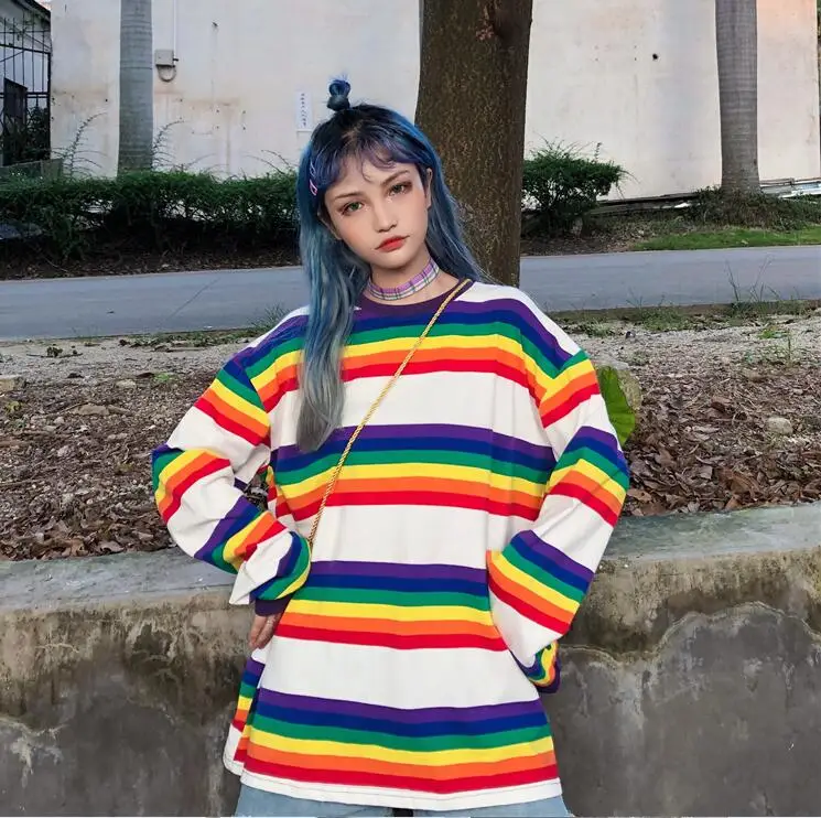 

Autumn new rainbow striped loose round neck long-sleeved T-shirt female