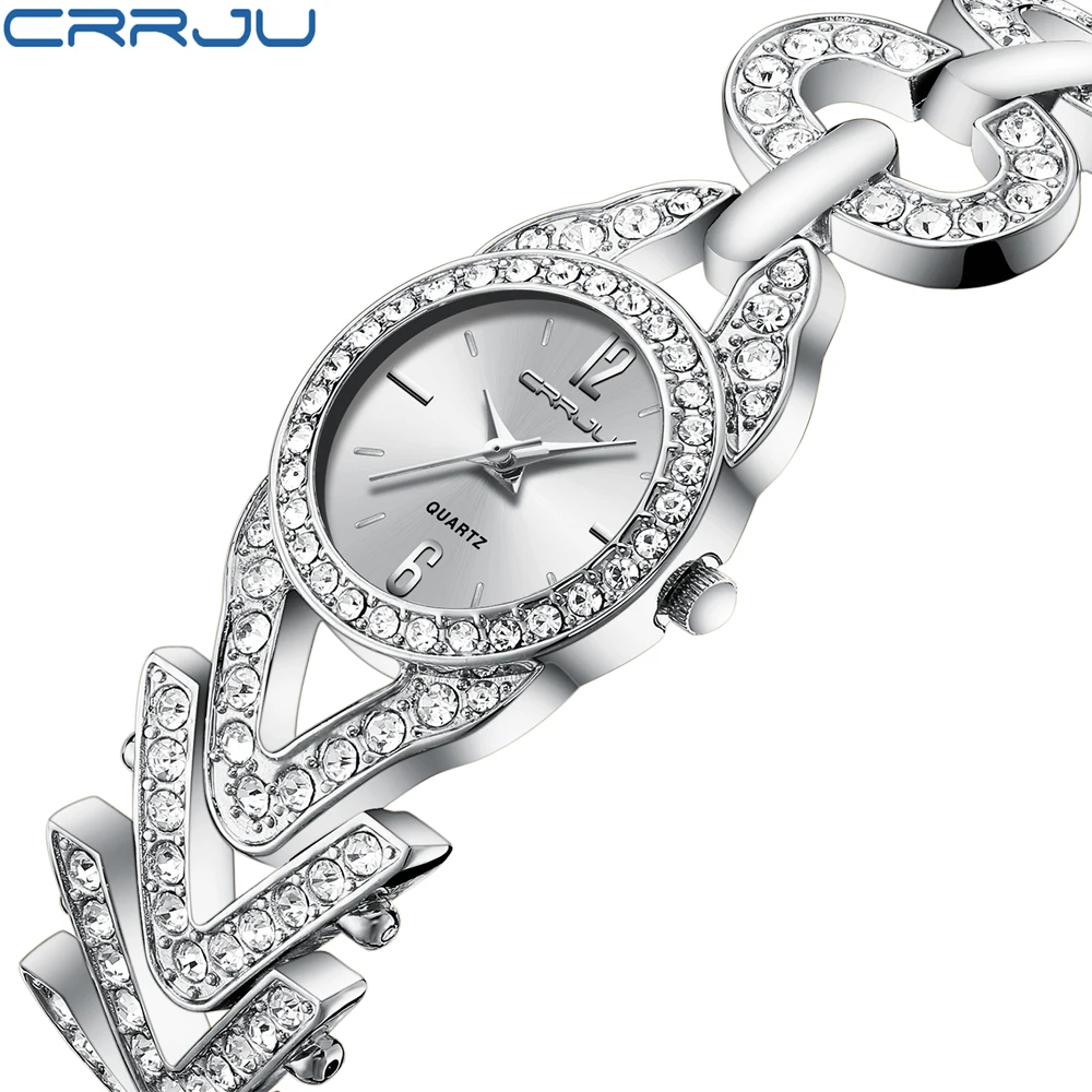 

Женские часы CRRJU reloj mujer классический модный, с украшениями в виде бриллиантов браслеты платье наручные часы для женщин часы из нержавеющей с...