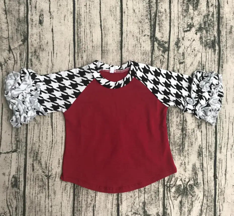 

Children girls high quality cotton clothing wine body icing raglan black plaid shirts baby round neck shirts