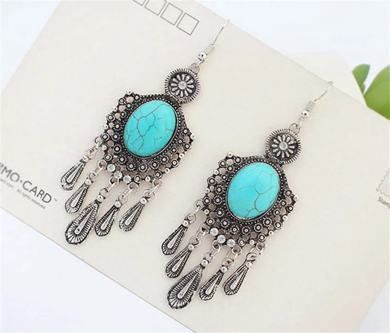 Women boho marble rhinestone beaded dangle set ethnic bohemian blue stone drop earrings tribal tassel jewelry antique gold gifts | Украшения