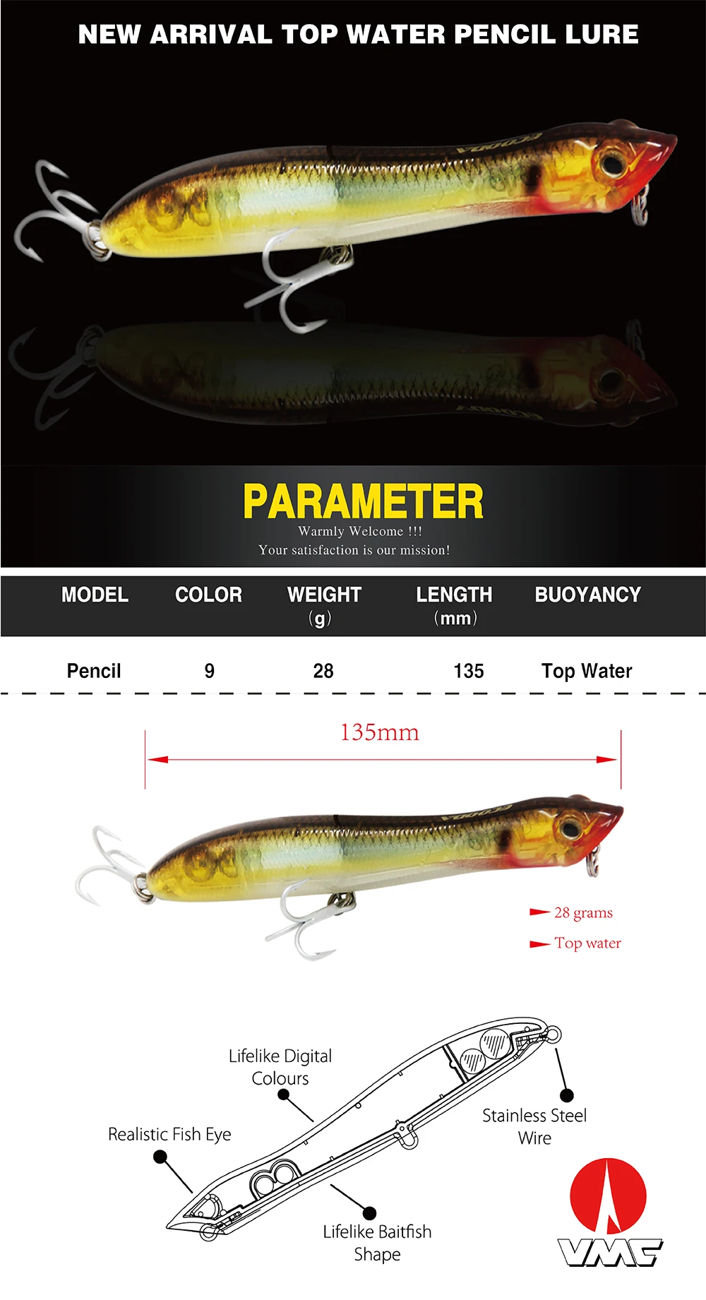 Ecooda 1 шт. 135 мм 28 г карандаш для воды Isca Pesca искусственная Щука рыба Leurre De Peche твердая приманка с французским VMC крючком