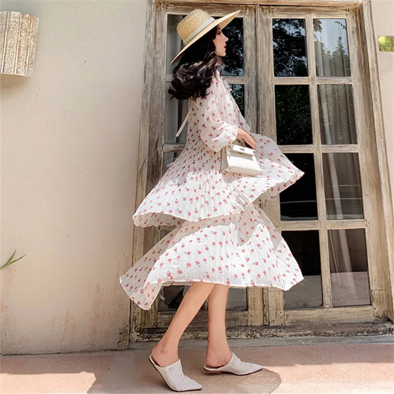 Женское платье с бантом Lychee многослойное Повседневное в горошек цветочным